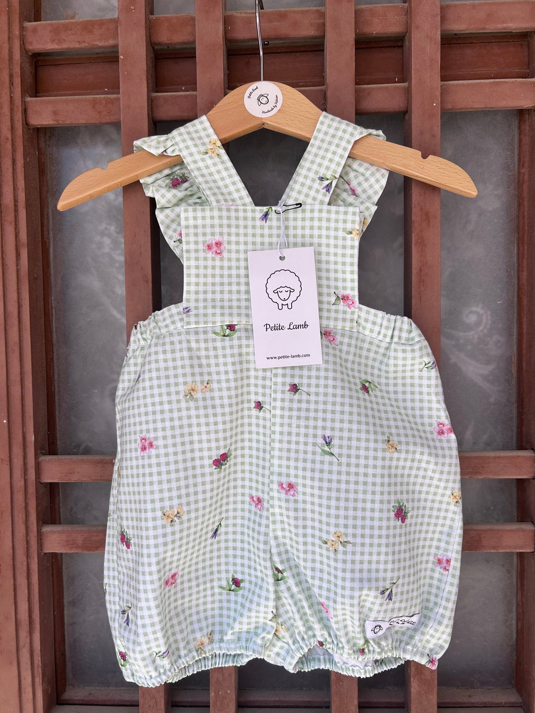Green gingham crossover romper