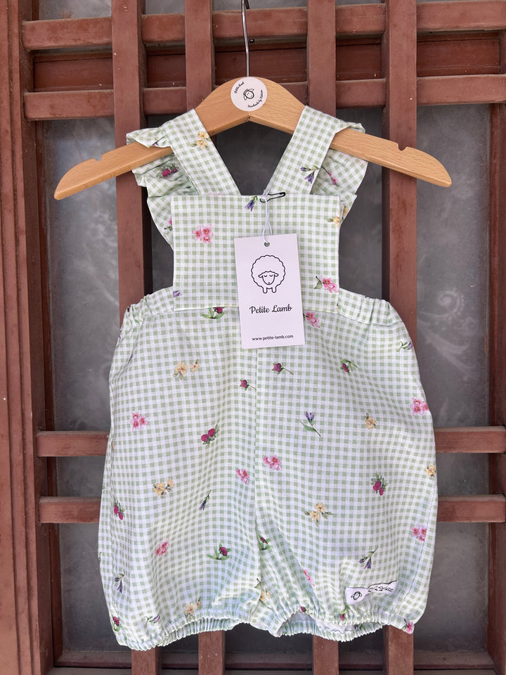 Green gingham crossover romper