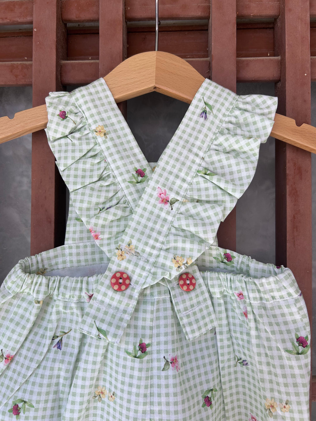 Green gingham crossover romper